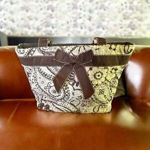 Brown and Pink Tote with Sturdy Design and Ribbon Accent